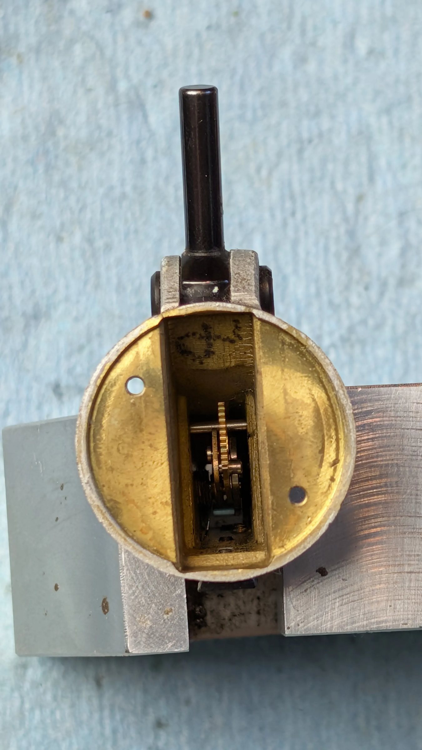 Square-on view into the body channel with movement installed