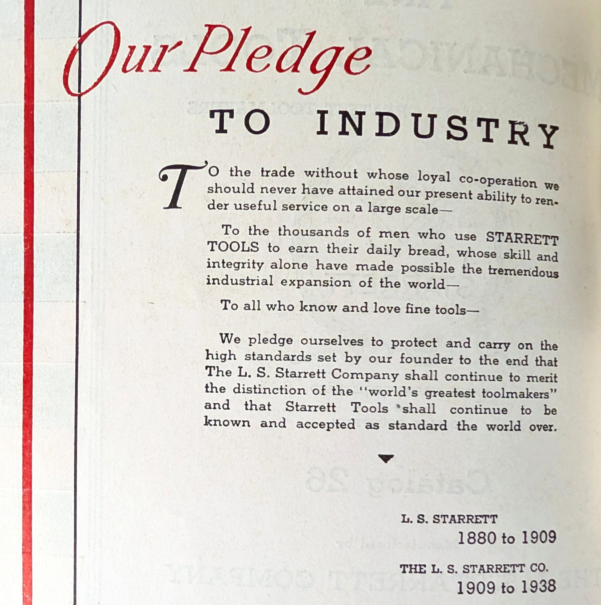 Frontispiece page of L.S. Starrett Co. Catalog 26, 1938, headed "Our Pledge to Industry" — the title in red script over black capitals, four short paragraphs of typewriter-face text below, signed for L. S. Starrett and for the company. Transcribed in full beneath this figure.