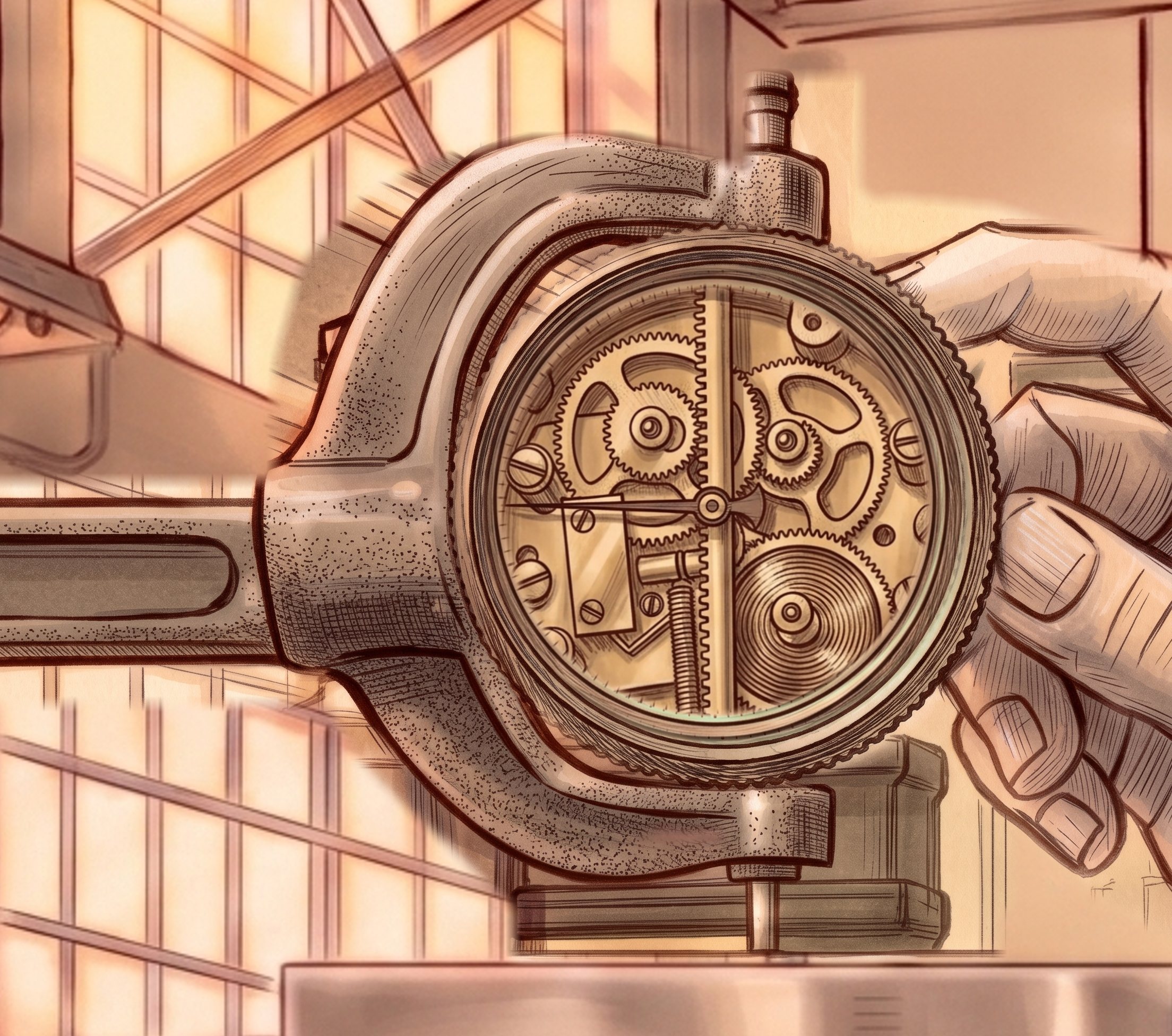 The same indicator with dial plate and crystal removed: rack, pinion, gear train and hairspring exposed behind the needle.